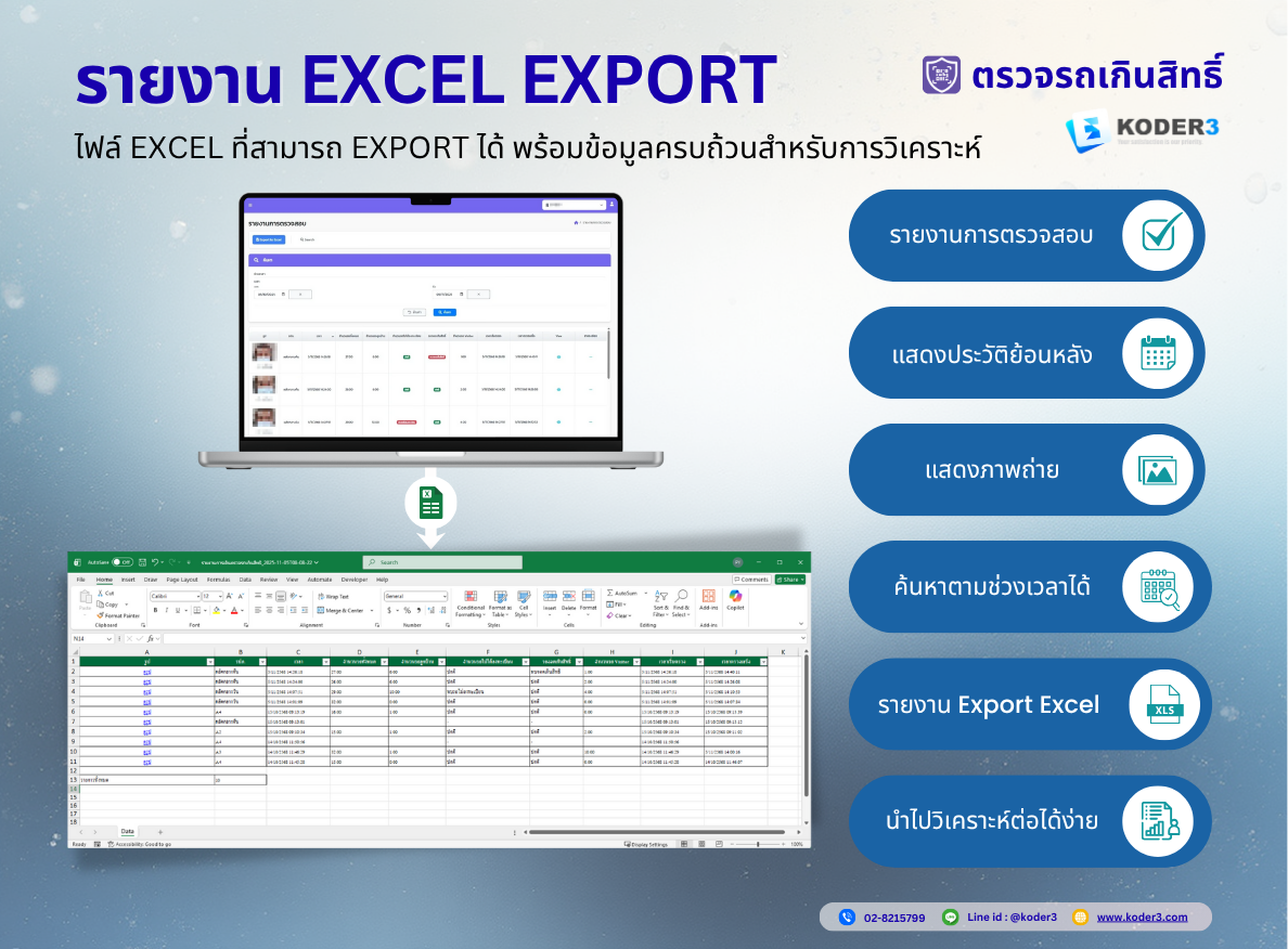 หน้าจอส่งออกรายงานเป็นไฟล์ Excel พร้อมรายละเอียดการฝ่าฝืน